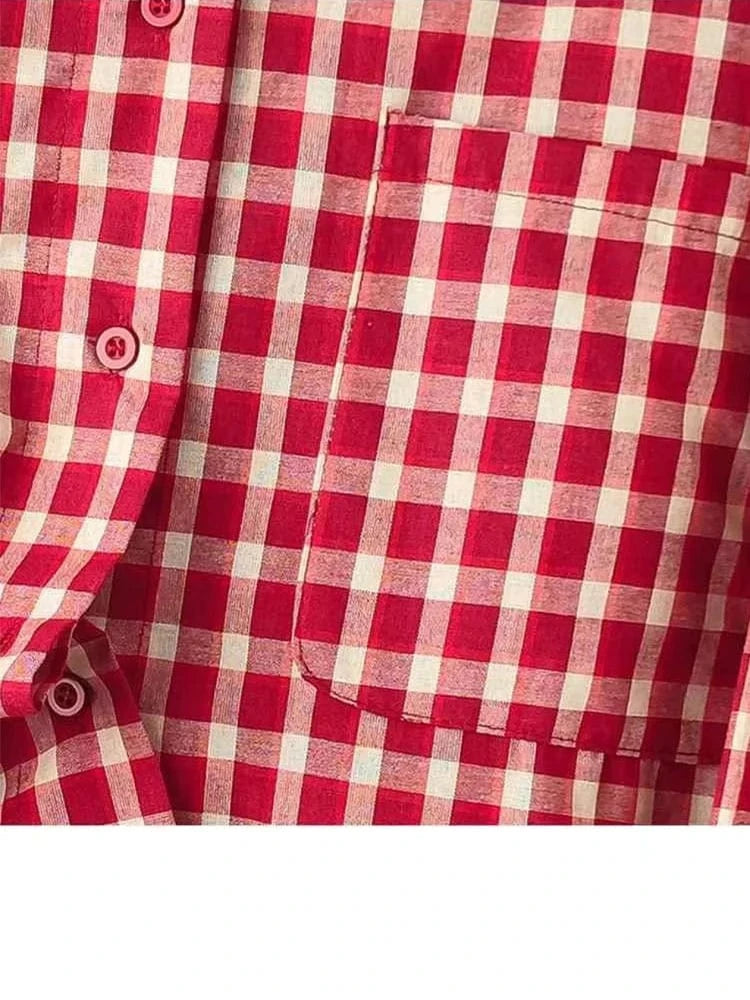 2025 Y2k Autumn Women New Vintage Red Plaid Turn-down Collar Over-shirt Long Sleeve Streetwear Loose Patchwork Harajuku Blouses