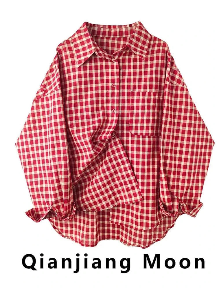 2025 Y2k Autumn Women New Vintage Red Plaid Turn-down Collar Over-shirt Long Sleeve Streetwear Loose Patchwork Harajuku Blouses