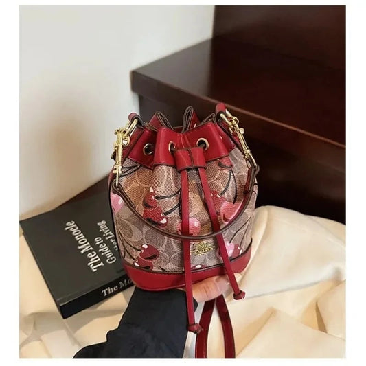 "2025newTextured Bucket Bag Women Artisan Drawstring Shoulder Purse Vintage Motif Crossbody Heritage Accent Carrier"