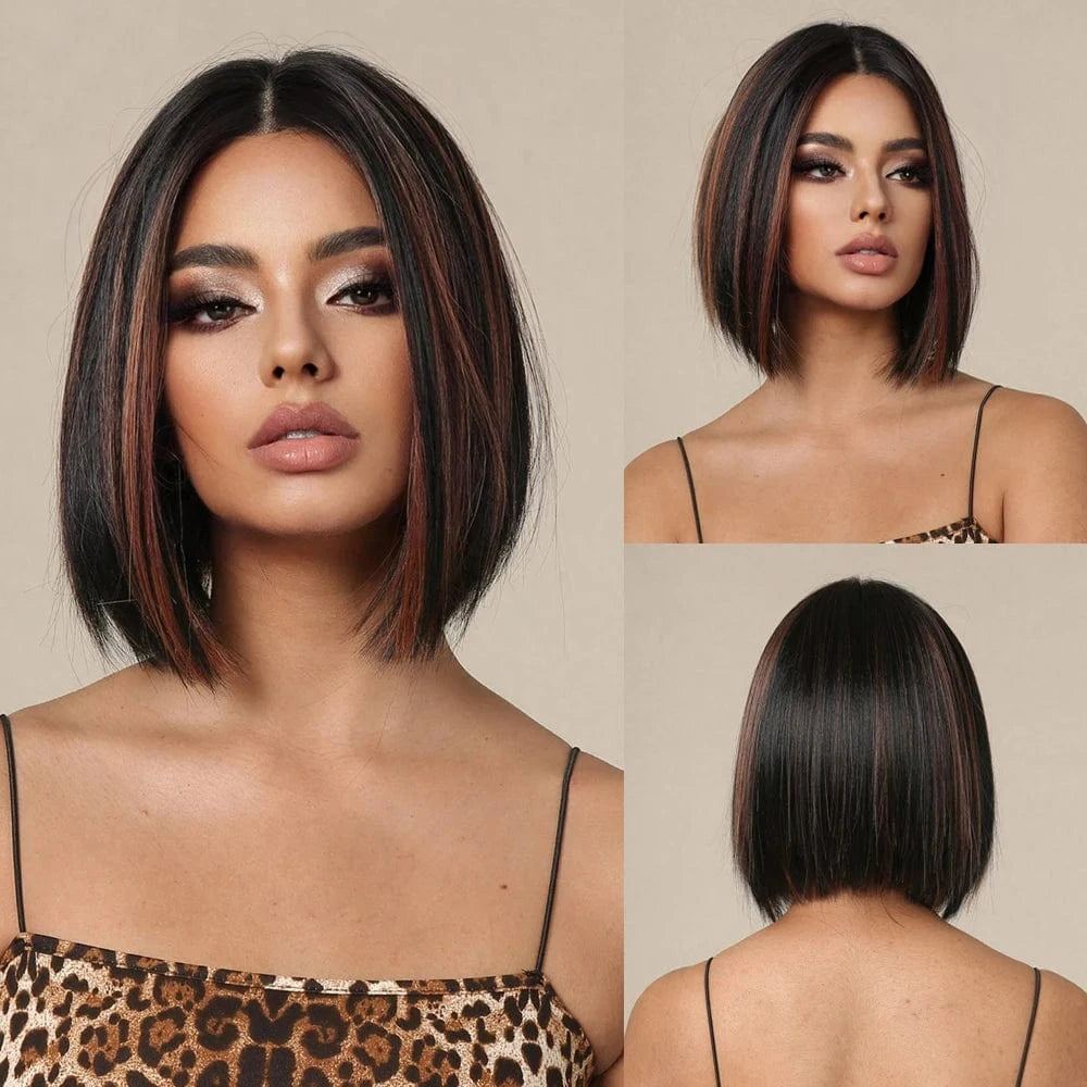 2087-1 Factory Outlet Black Brown Bob Synthetic Wigs with Bangs Short Straight Daily Wig for Women Party Lolita Natural Looking Hair