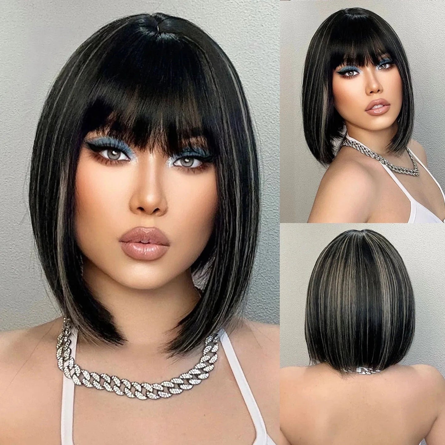 2091-3 Factory Outlet Black Brown Bob Synthetic Wigs with Bangs Short Straight Daily Wig for Women Party Lolita Natural Looking Hair