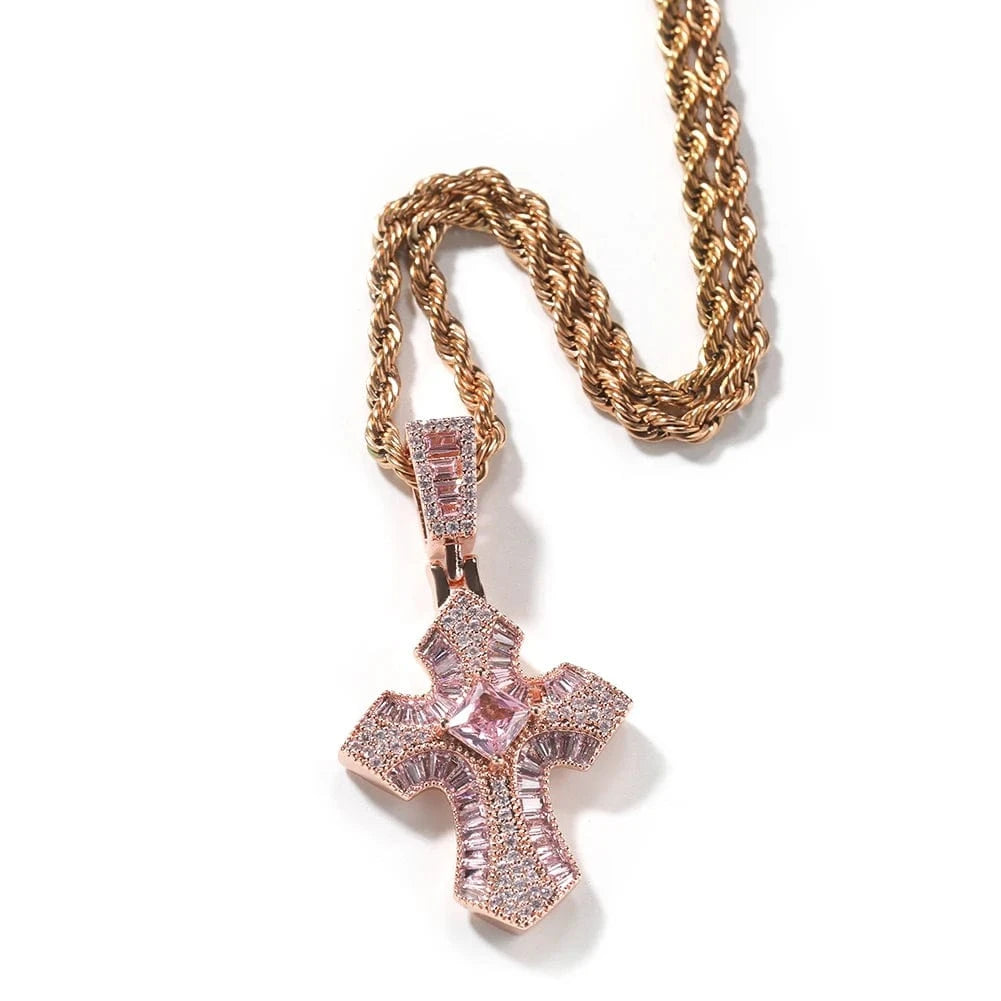 20inch rope chain / Pink Smaller Size Bling Baguette Pink Black Purple Cubic Zircon Cross Pendant Necklace Unisex Hip Hop Jewelry