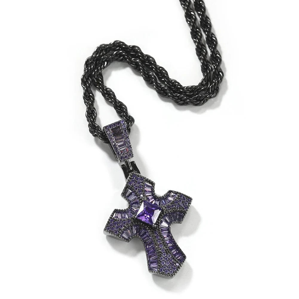 20inch rope chain / Purple Smaller Size Bling Baguette Pink Black Purple Cubic Zircon Cross Pendant Necklace Unisex Hip Hop Jewelry