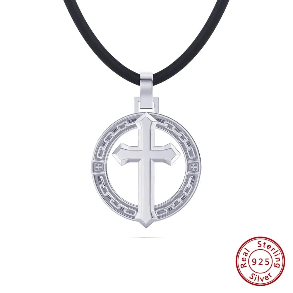 20inches / Black Leather-Silver RINNTIN NMN03 Necklace Fine Jewelry 18K Gold Plated  with 1.5mm Sterling Silver Diamond-Cut Rope Chain Cross Necklace
