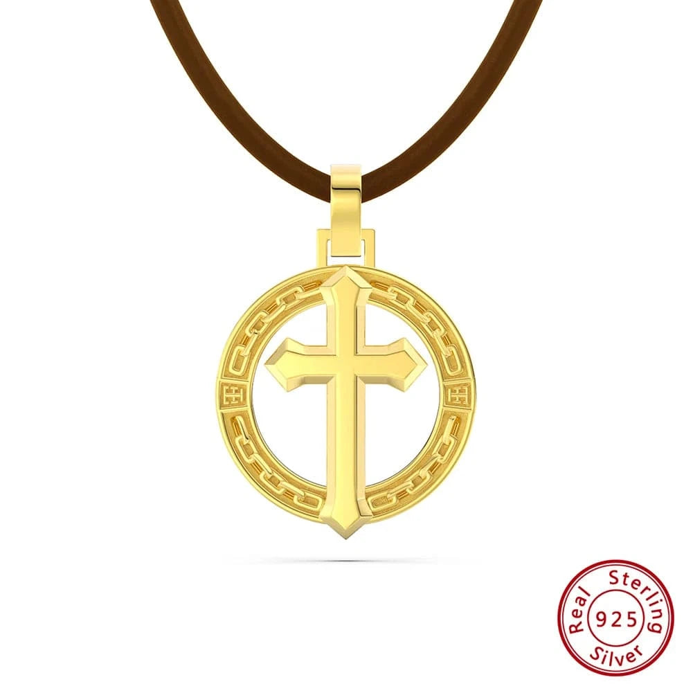 20inches / Brown Leather-Gold RINNTIN NMN03 Necklace Fine Jewelry 18K Gold Plated  with 1.5mm Sterling Silver Diamond-Cut Rope Chain Cross Necklace