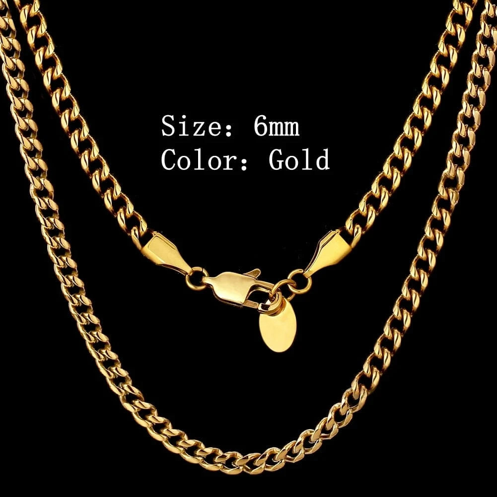 20inches / KRKC-0019-CH-GD-6MM KRKC Wholesale 6mm 26 inch 18K Gold Men Jewelry Stainless Steel Cuban Link Chain Necklace Stainless Steel Gold Chain