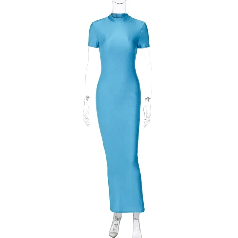 2103 Short Sleeve Solid Bodycon Io Neck Midi Elegant Slit Women'S Dresses Summer Evening Party Club Prom Women'S Clothes