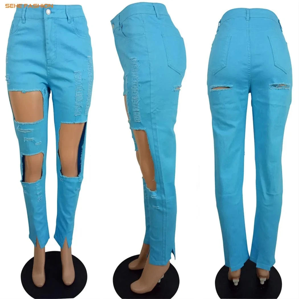 21105-MX68 denim ripped designs high waist plus size women jeans sehe fashion