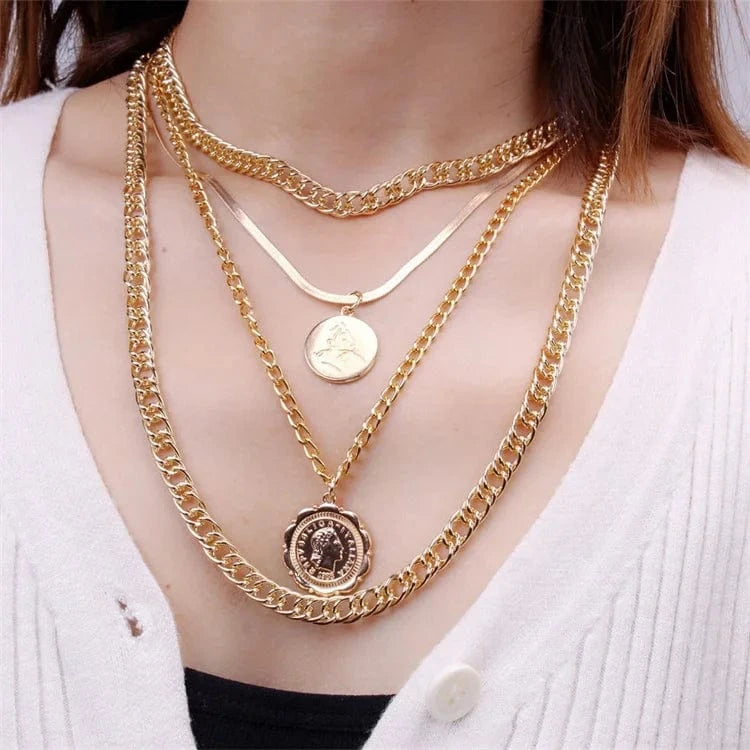 21cm--50cm / Gold Wholesale Multilayer Retro Round  Gold Plated Necklace Charm Pendant Necklace Hip Hop Jewelry