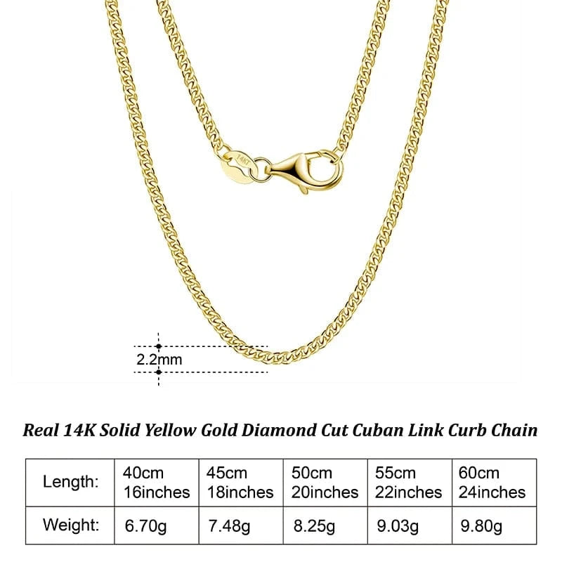 22 inches(55cm) / 2.2mm RINNTIN GC04 Hiphop Jewelry Real 14K Solid Yellow Gold 2.2mm Diamond Cut Cuban Link Curb Chain Necklace for Men oro 14k original