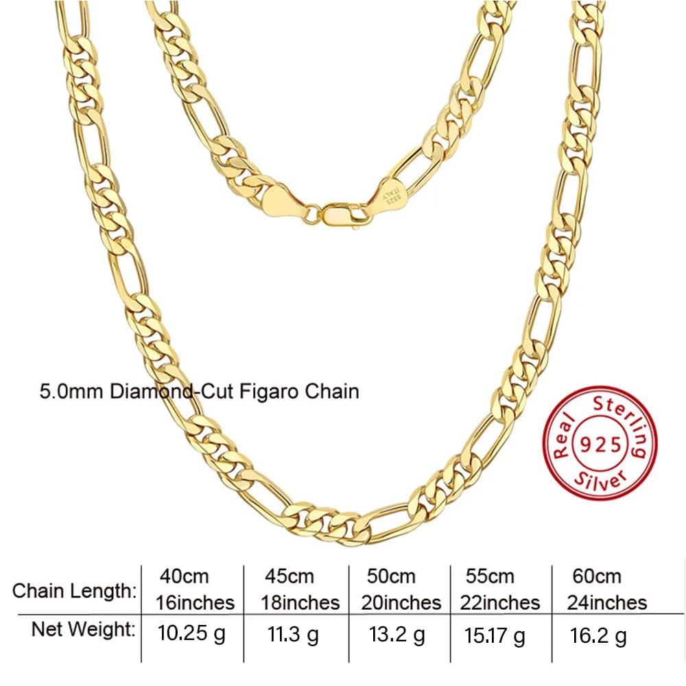 22 Inches / SC34-18K-5 RINNTIN SC34 Fine Jewelry 925 Sterling Silver Diamond-Cut Figaro Chain Necklace For Men Women