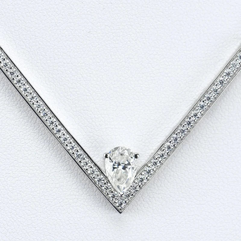 22 Inches / silver Wholesale fine jewelry 925 Sterling Silver V shaped Necklace set with super white pear cut  Moissanite