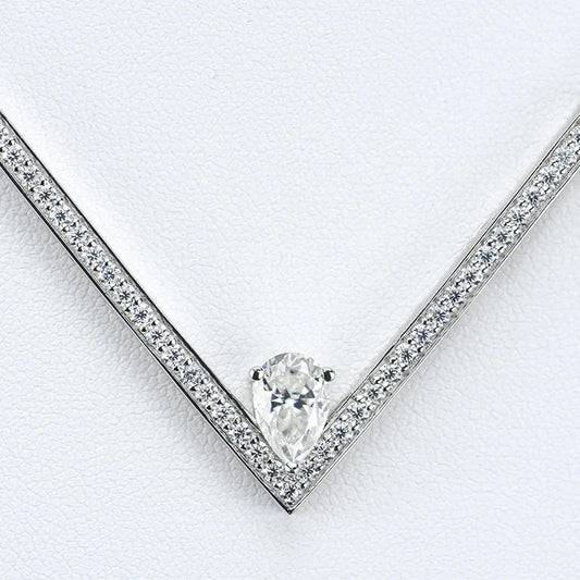 22 Inches / silver Wholesale fine jewelry 925 Sterling Silver V shaped Necklace set with super white pear cut  Moissanite