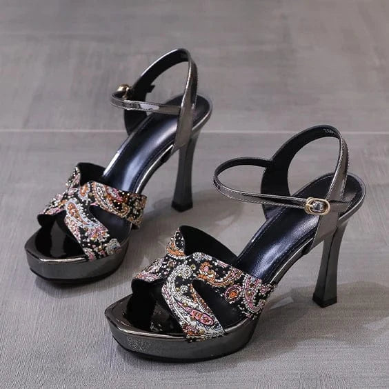 22 summer new rivet open-toe waterproof platform hollow sandals women's one-word buckle banquet stiletto high-heeled shoes