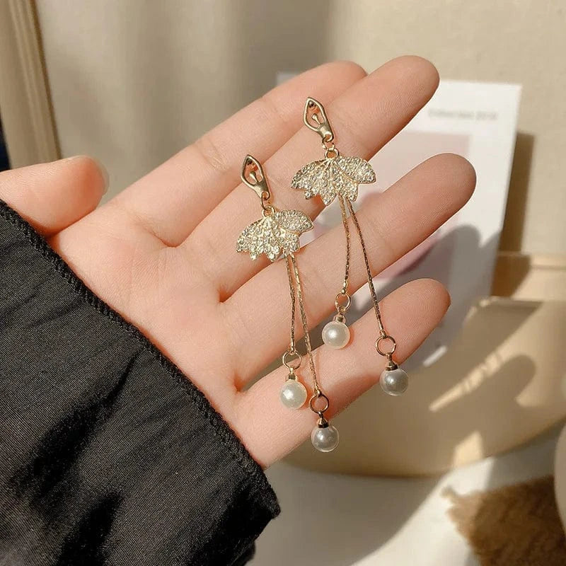 2238 Gold Crystal Long Chain Earrings 925 Silver Needle Butterfly Jewelry Women Fashion Pearl Flower Cluster Earrings
