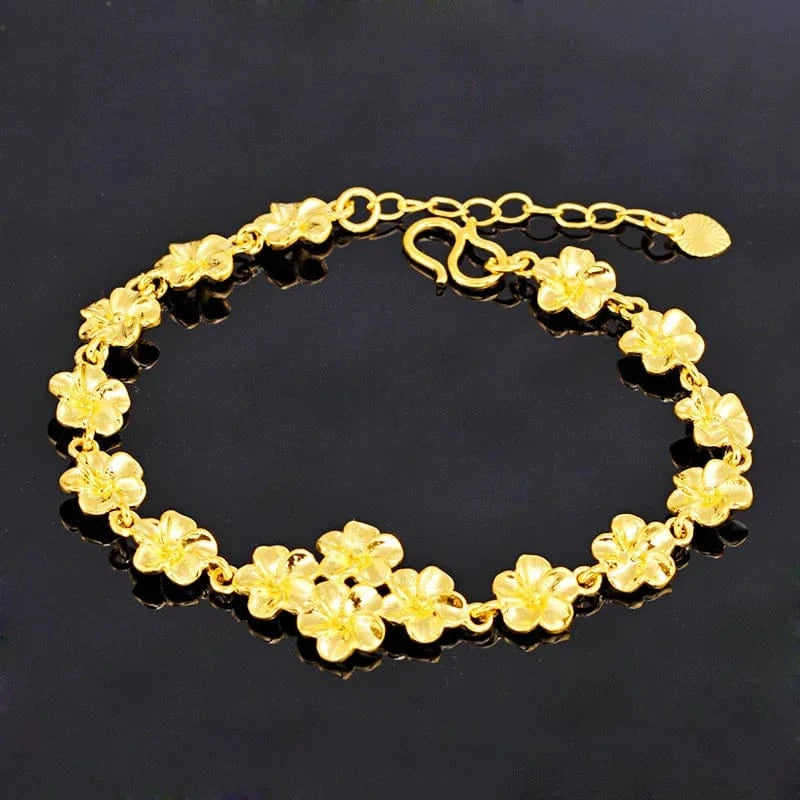 22cm / Gold 24K Yellow Gold Bracelet For Women Sand Gold Flower Bracelets Charm Chain for Wedding Engagement Fine Jewelry pulseras mujer