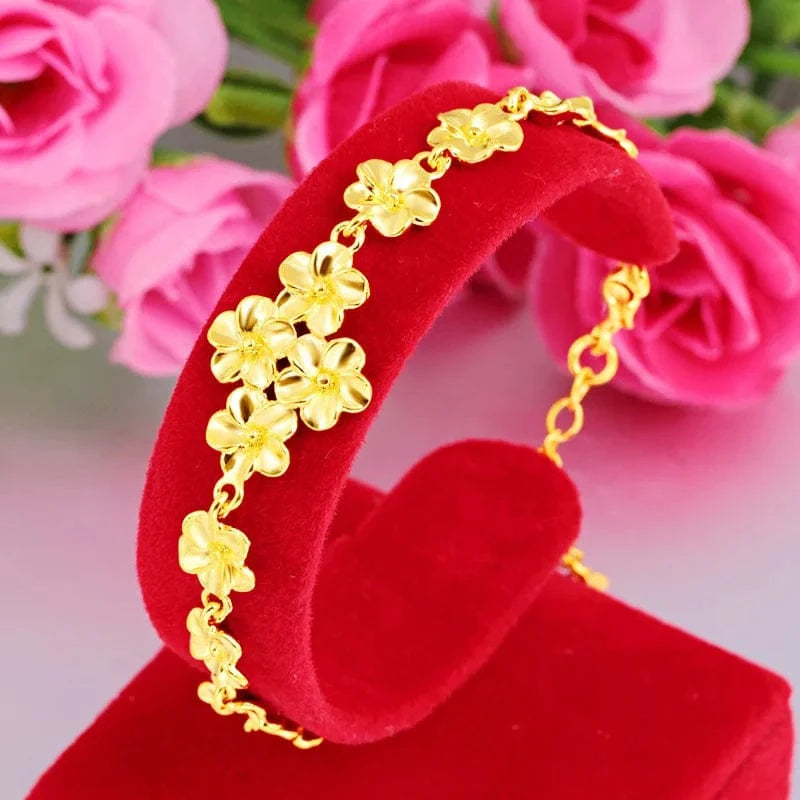 22cm / Gold 24K Yellow Gold Bracelet For Women Sand Gold Flower Bracelets Charm Chain for Wedding Engagement Fine Jewelry pulseras mujer