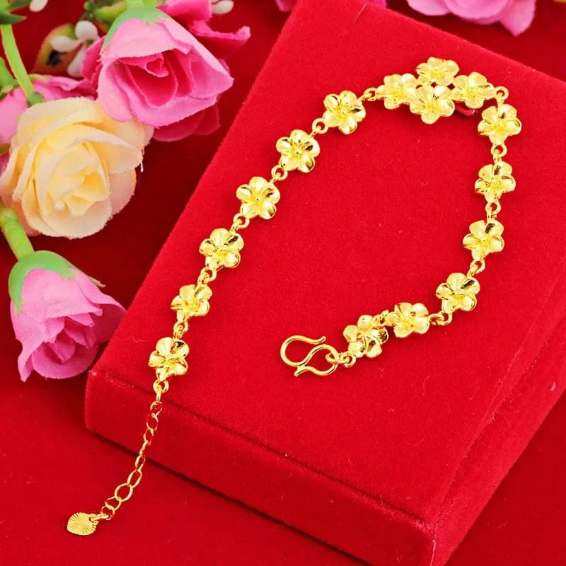 22cm / Gold 24K Yellow Gold Bracelet For Women Sand Gold Flower Bracelets Charm Chain for Wedding Engagement Fine Jewelry pulseras mujer