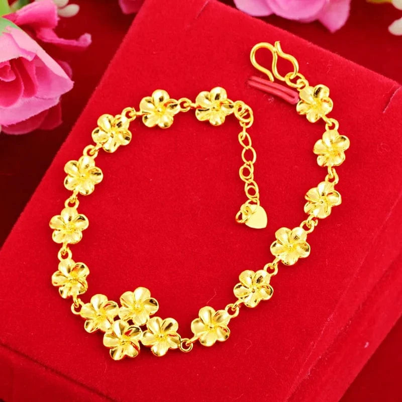 22cm / Gold 24K Yellow Gold Bracelet For Women Sand Gold Flower Bracelets Charm Chain for Wedding Engagement Fine Jewelry pulseras mujer