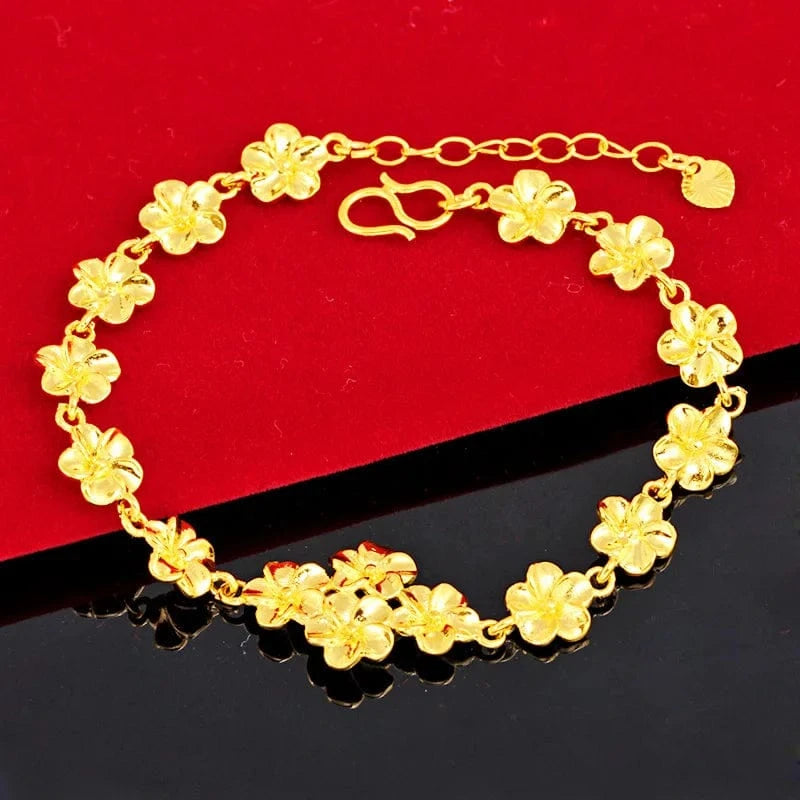 22cm / Gold 24K Yellow Gold Bracelet For Women Sand Gold Flower Bracelets Charm Chain for Wedding Engagement Fine Jewelry pulseras mujer