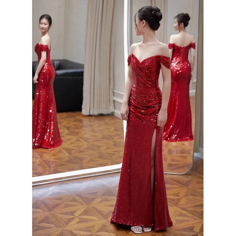 22W / as picture / Floor Length S0510R One-shoulder temperament bride wine red wedding return dress high-end slim engagement fishtail dress