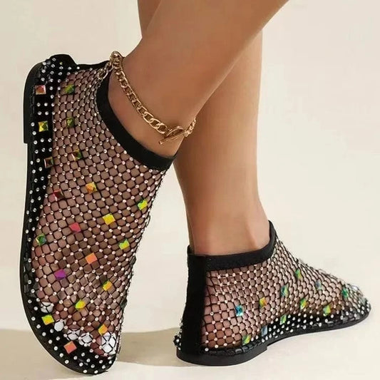 24 summer new flat color diamond elastic band sandals women's sexy fishing net socks one-pedal cool boots