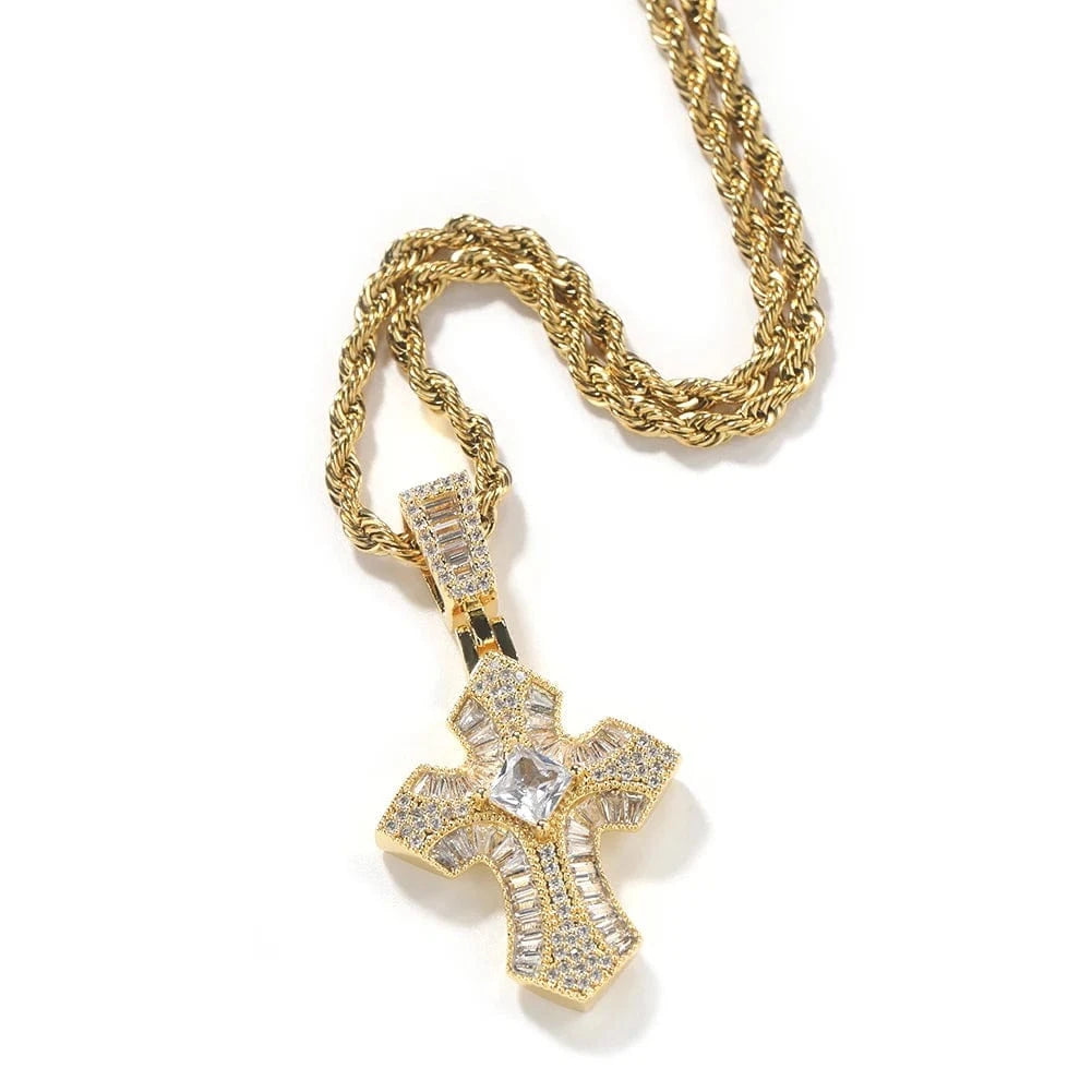 24inch rope chain / Gold Smaller Size Bling Baguette Pink Black Purple Cubic Zircon Cross Pendant Necklace Unisex Hip Hop Jewelry