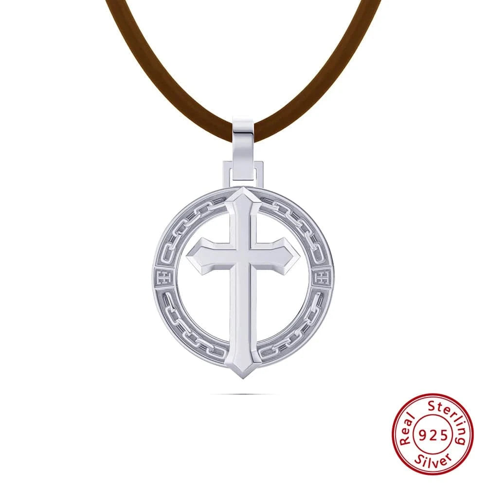 24inches / Brown Leather-Silver RINNTIN NMN03 Necklace Fine Jewelry 18K Gold Plated  with 1.5mm Sterling Silver Diamond-Cut Rope Chain Cross Necklace