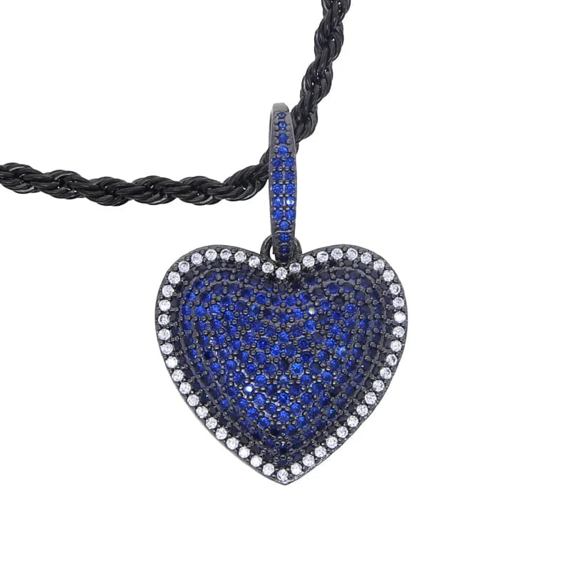24inches / N273+N743-Black Blue New Arrival Iced Out Bling CZ Jewelry for Hip Hop 2024 Valentines's Day Gift Women Blue Purple Heart Pendant Necklace