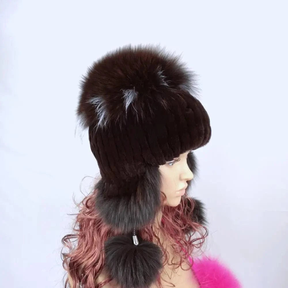 25-30cm / Black Women Winter Rex Rabbit Fur Hat Real Knitted  Fur Caps Female Russian Warm Beanies Hat New Women&#39;s Fur Hat