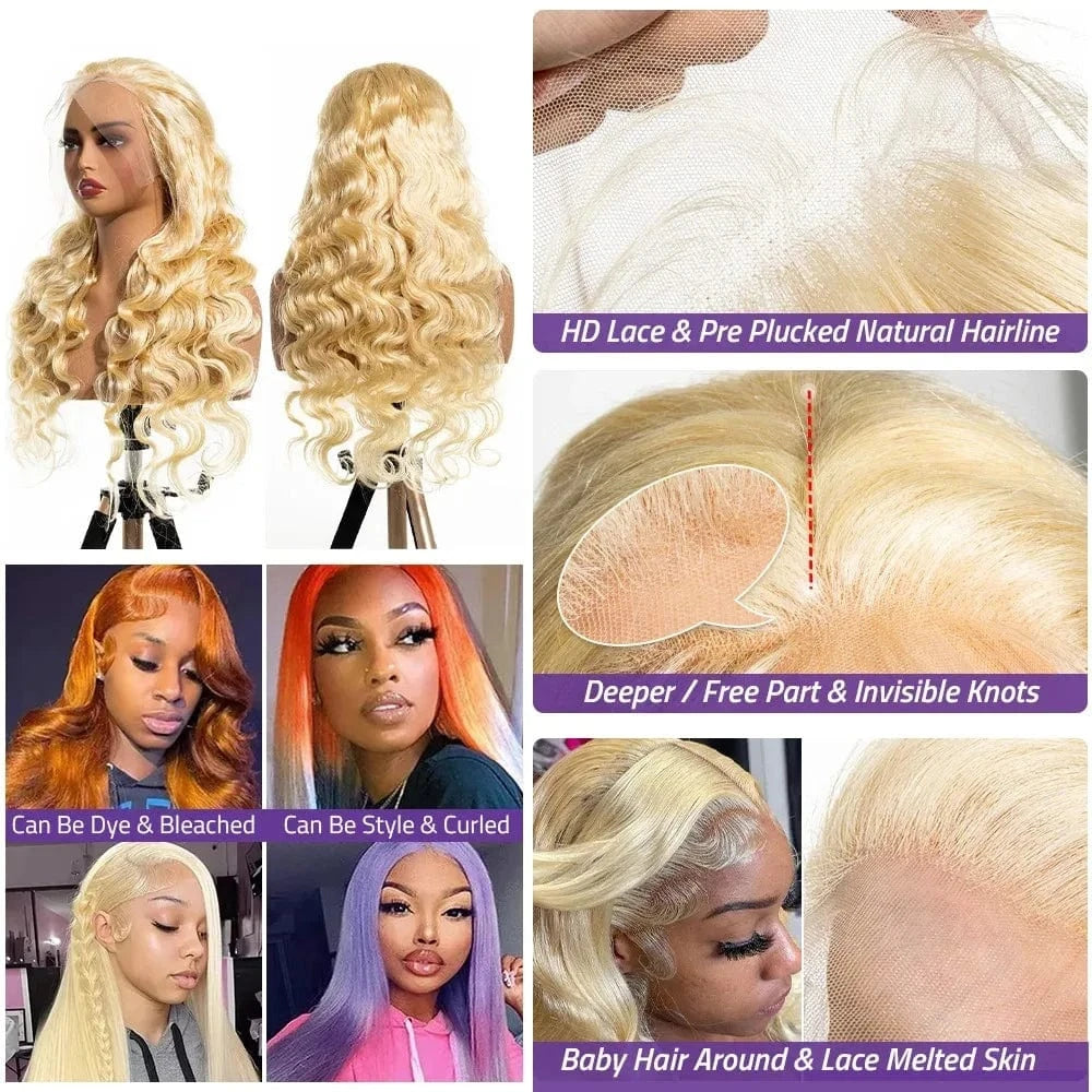 250 Density Body Wave 613 Honey Blonde HD Transparent Lace Front Human Hair Wigs 38 Inch 13x6 Lace Frontal Wig Brazilian Women