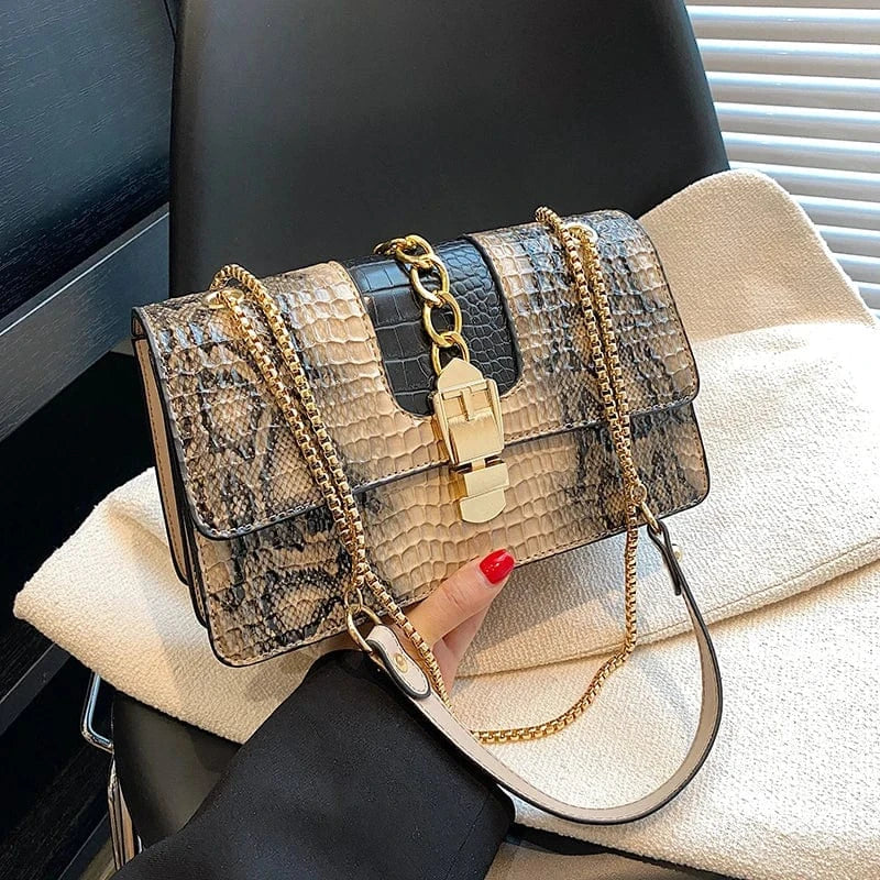 26cm*11cm*16cm / khaki Factory Wholesale Snake Skin Handbags 2024 Lady Luxury Bags With Chain Lady Fashion Design Purses for Girls