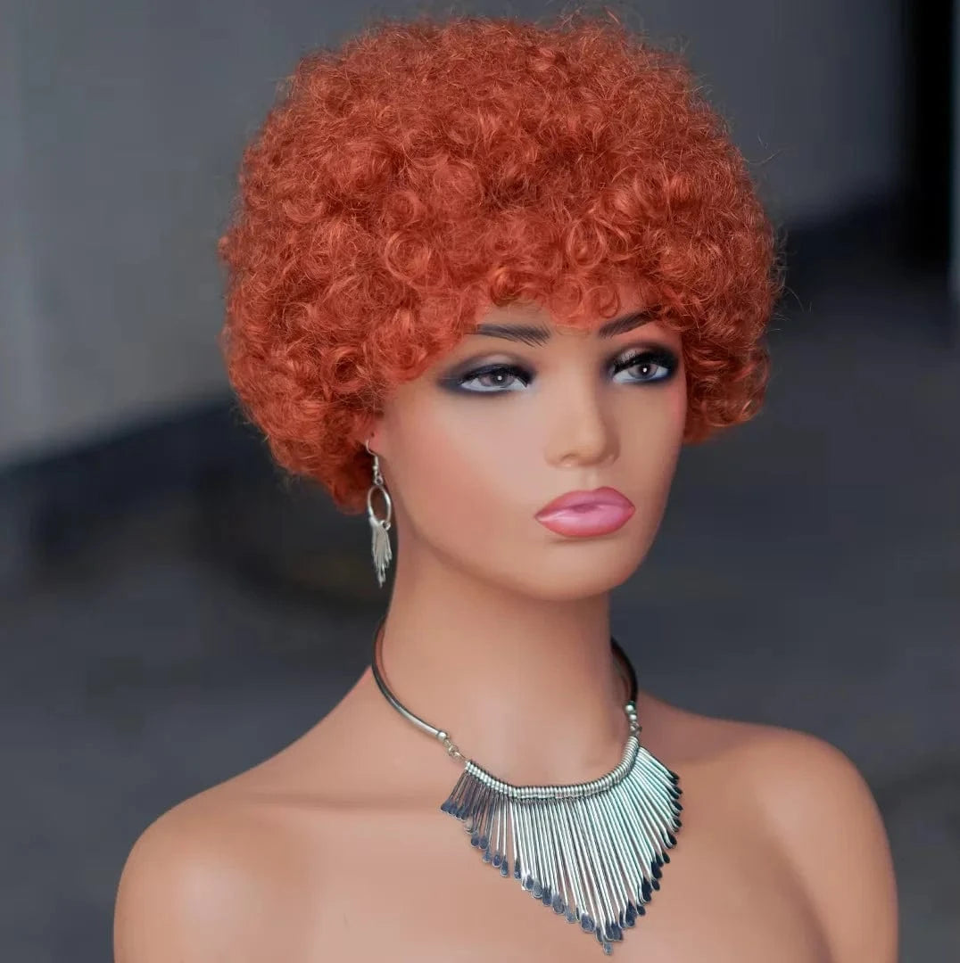 27# Curly Wig / 6 Inches Factory Price  Machine Made 100% Brazilian Human Hair Pixie Cut Wigs 27# Short Afro Curly Non Lace Wigs For Black Women