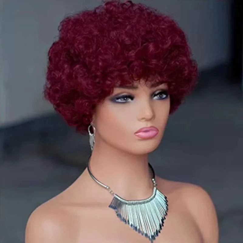 27# Curly Wig / 6 Inches Factory Price  Machine Made 100% Brazilian Human Hair Pixie Cut Wigs 27# Short Afro Curly Non Lace Wigs For Black Women