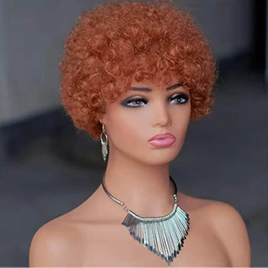 27# Curly Wig / 6 Inches Factory Price  Machine Made 100% Brazilian Human Hair Pixie Cut Wigs 27# Short Afro Curly Non Lace Wigs For Black Women