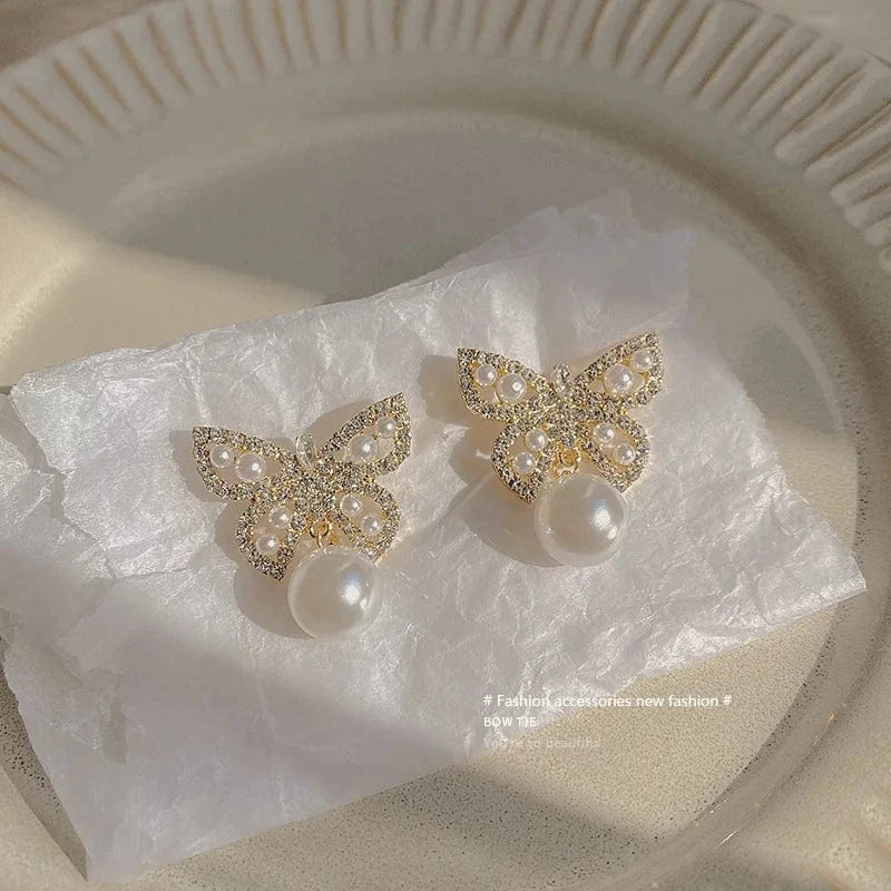 2722 Gold Crystal Long Chain Earrings 925 Silver Needle Butterfly Jewelry Women Fashion Pearl Flower Cluster Earrings