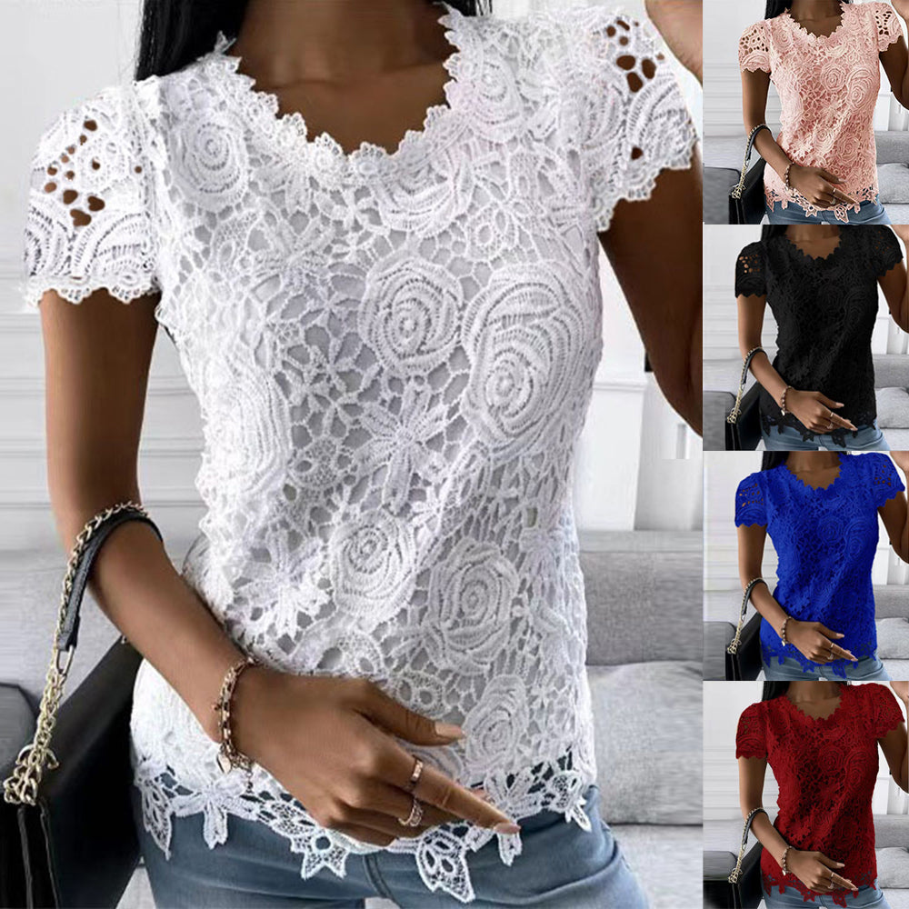 Womens Lace Round Neck Tops T-Shirts Ladies Summer Casual Short Sleeve Blouse Pullover Fashion Clothing For