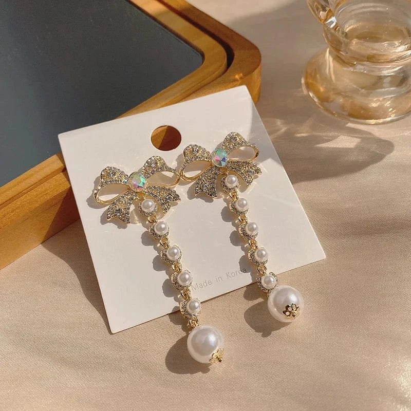 2804 Gold Crystal Long Chain Earrings 925 Silver Needle Butterfly Jewelry Women Fashion Pearl Flower Cluster Earrings