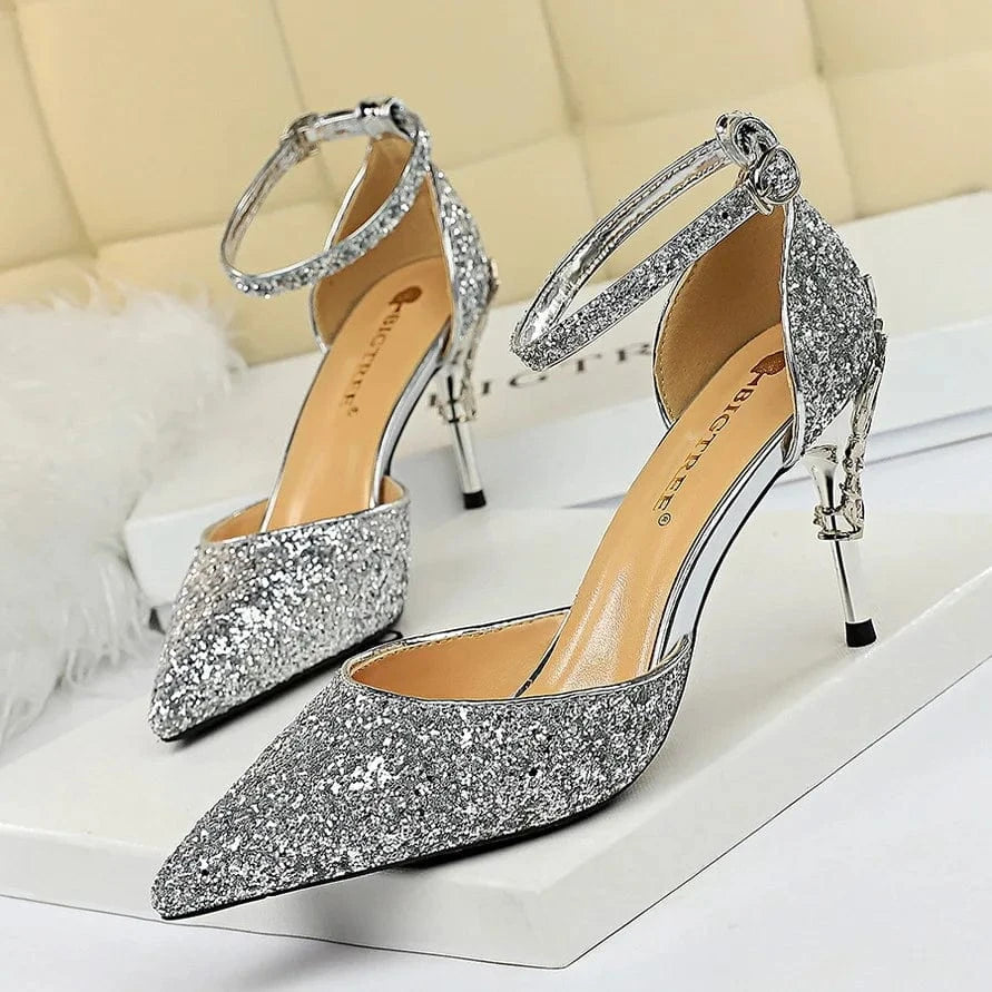 283-5 Luxurious Trendy Ladies Sandals Hollow Out Party Metal Heel Shiny Sequin Slip-On High Heel Sandals Wedding Shoes For Bride