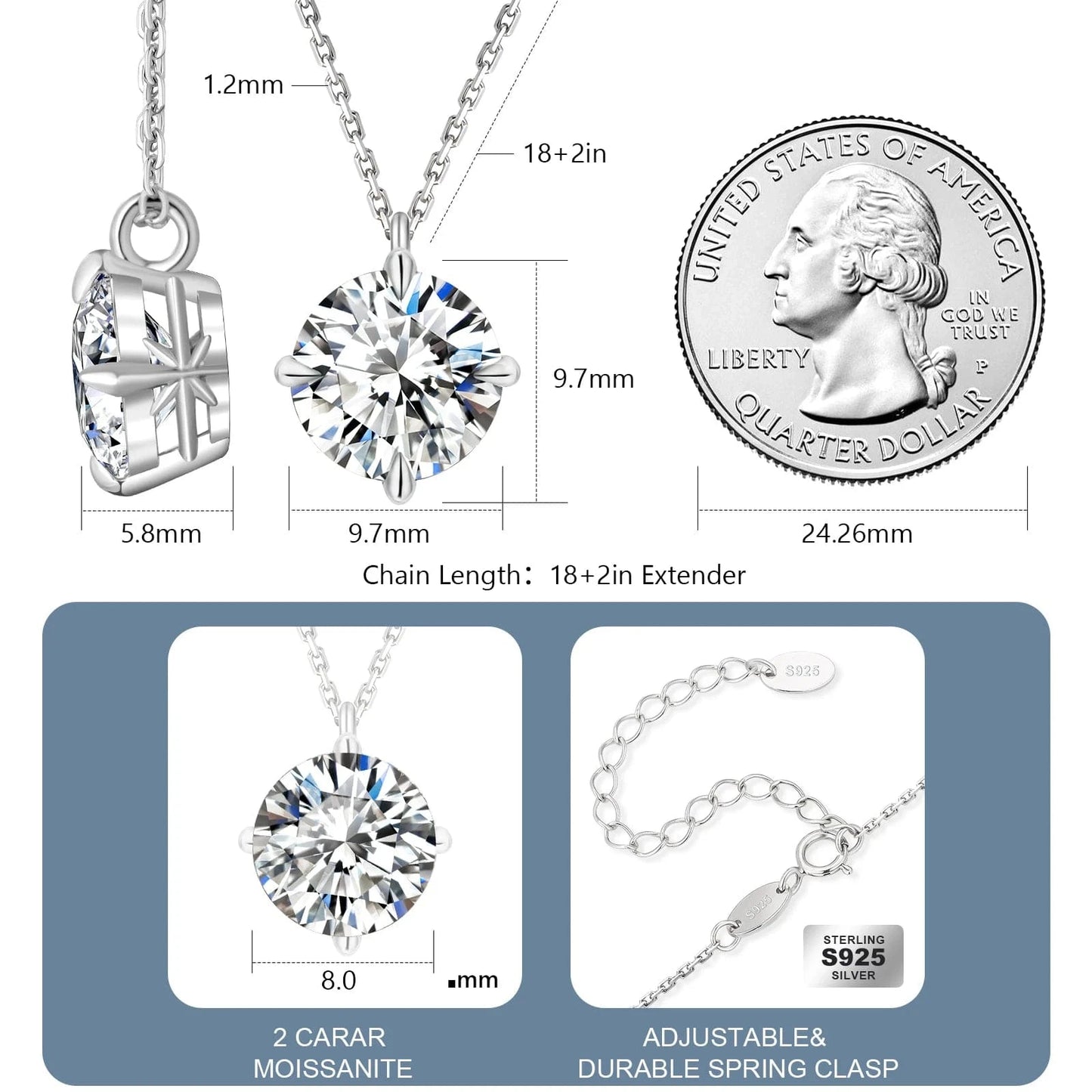 2CT Moissanite Pendant White Gold Plated Jewelry S925 Sterling Silver Chain Lab Created Diamond Moissanite Necklace for Women