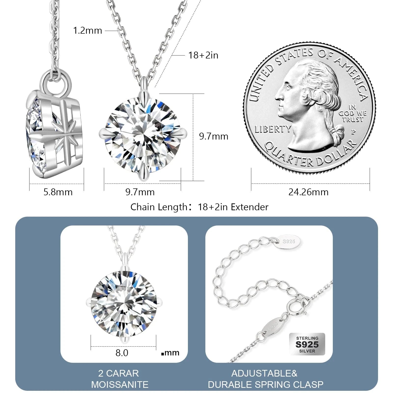 2CT Moissanite Pendant White Gold Plated Jewelry S925 Sterling Silver Chain Lab Created Diamond Moissanite Necklace for Women