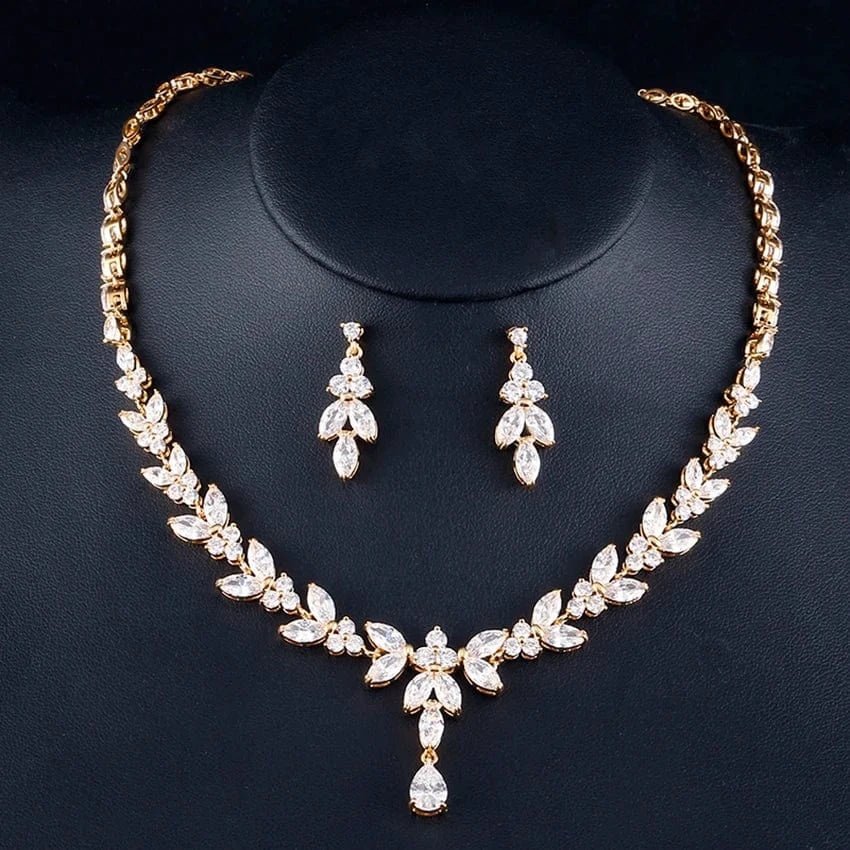 2pc/set-Gold Korean minimalist wedding jewelry sets 4pc luxury leaf CZ zircon bridal stud earrings band ring pendant choker necklace set