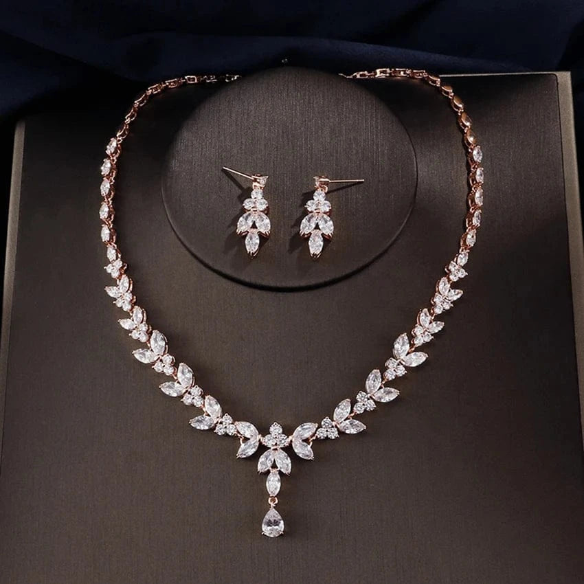 2pc/set-Rose Gold Korean minimalist wedding jewelry sets 4pc luxury leaf CZ zircon bridal stud earrings band ring pendant choker necklace set