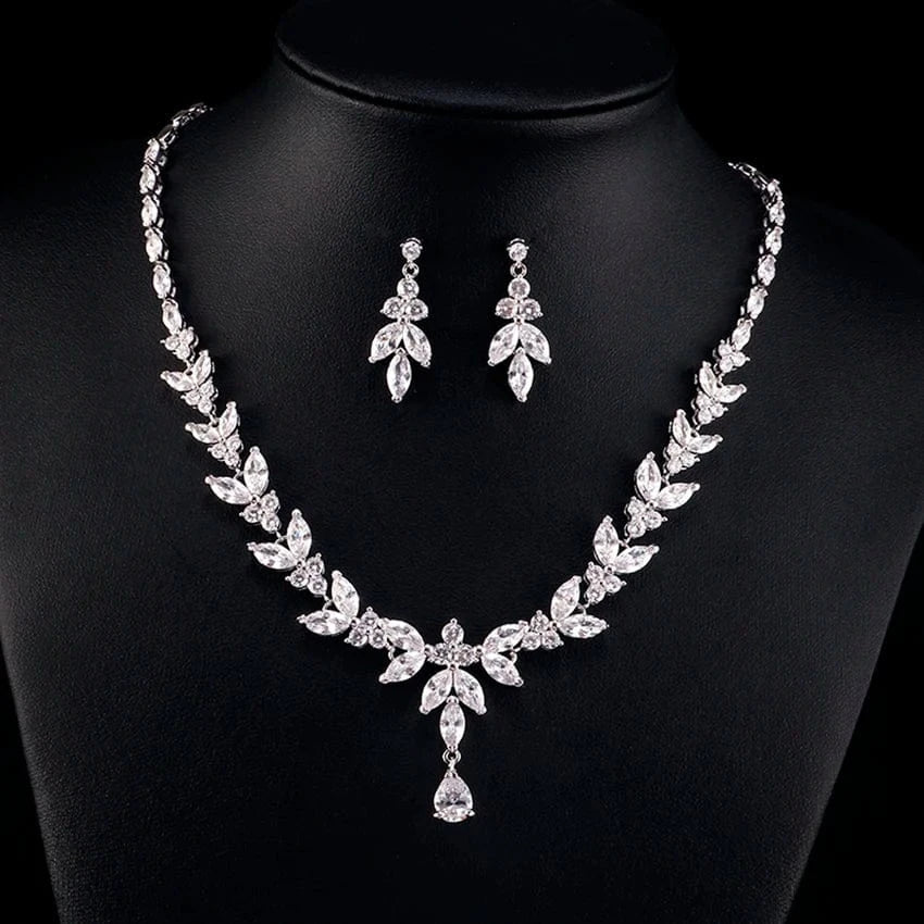 2pc/set-Silver Korean minimalist wedding jewelry sets 4pc luxury leaf CZ zircon bridal stud earrings band ring pendant choker necklace set
