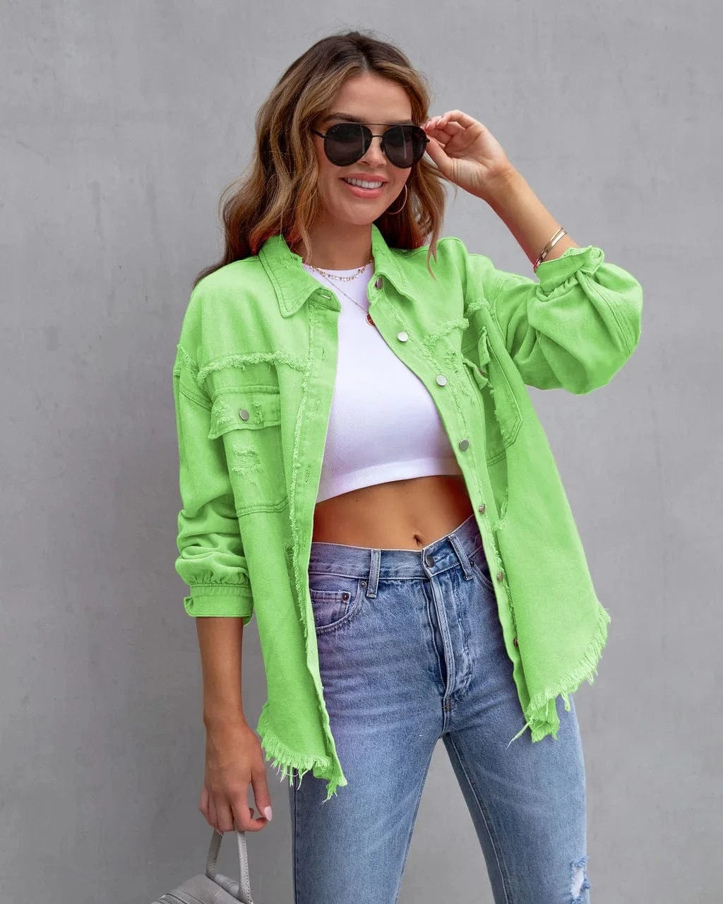 2XL / apple green DAMOCHIC New Denim Jackets and Coats for Women Winter Autumn Solid Long Sleeve Hole Destroyed Jeans Jacket Coat Trench Casual
