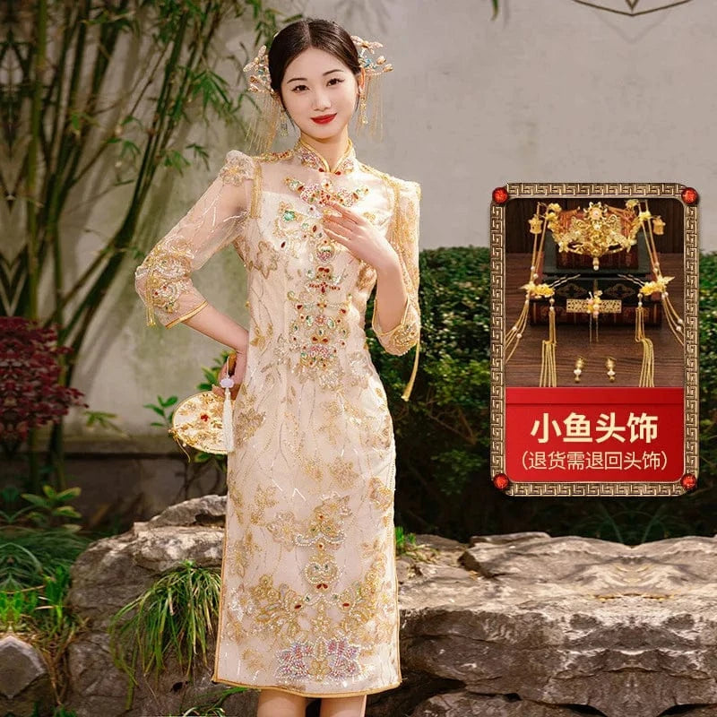 2XL / as the picture B / Floor Length S0128G      Champagne color 2024 New women's spring bride married engaged in heavy workers golden show chinese wedding dress