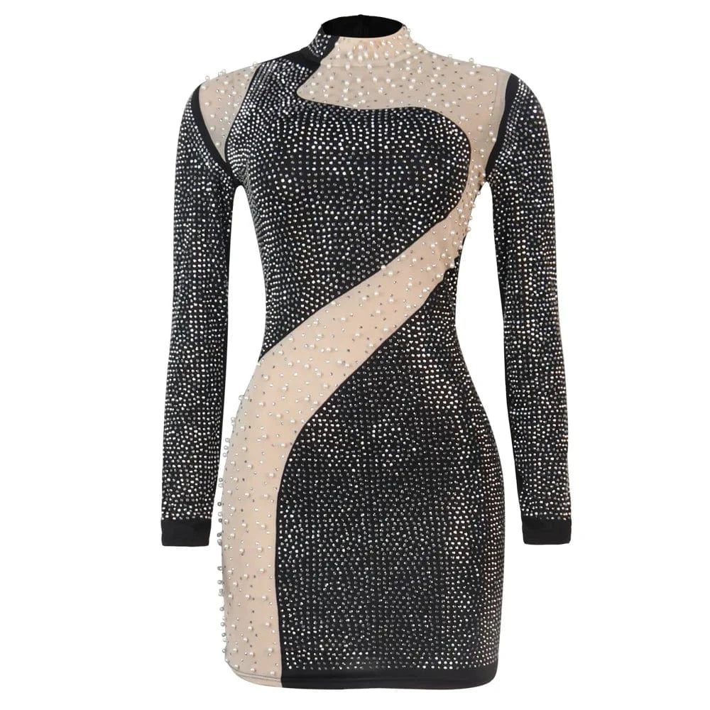 2XL / silver AF001 New Arrival Beaded Dress Long Sleeve Fashion Rhinestone Bodycon Zipper Club Party Autumn Dresses
