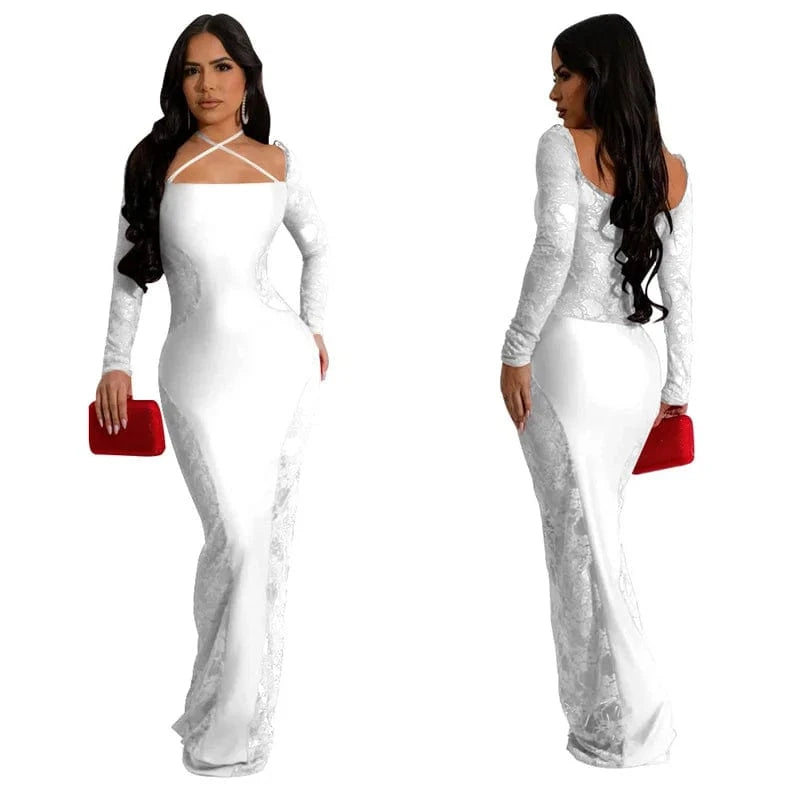 2XL / White cheap 2024 new arrivals women lady red sexy mesh side patchwork decent elegant wedding party maxi long sleeve gown evening dress