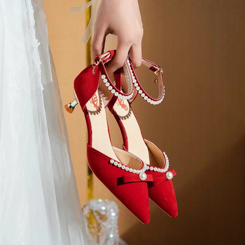 3.5 / 40 / Red Fashion Pointed Toe Pearl Bow Bridal Red High Heels Ladies Low Heel Ankle Buckle Shoes
