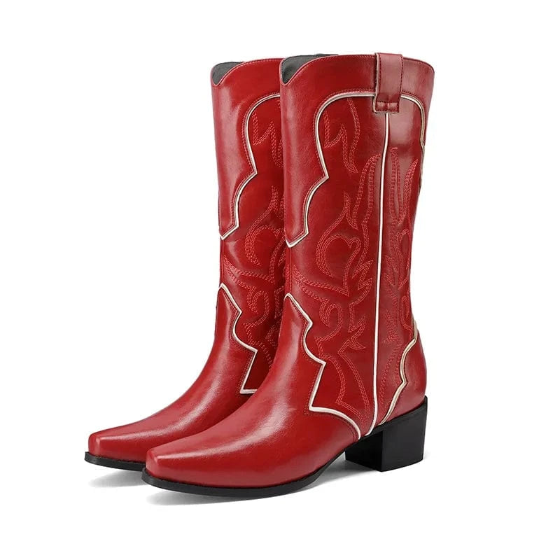 3.5 / Red BUSY GIRL XY4776 Red Knee High Boots For Women 5cm Low Heels Fashion Women's Shoes Custom Logo Embroidery Cowboy Boots
